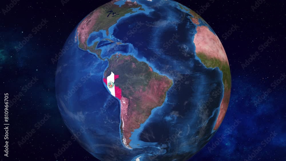 Realistic 3D Animation of Earth zooming in to  Peru with its border highlighted with its National Flag in 4K