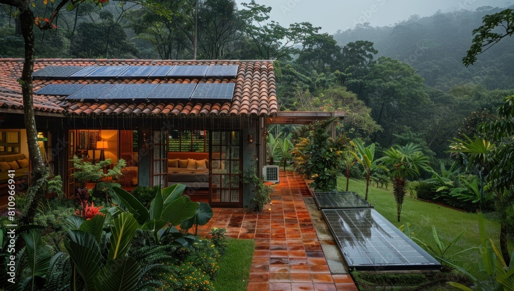 Highlight the harmony of solar tiles amidst a lush, natural setting. Highlight the harmony of solar tiles amidst a lush, natural setting.