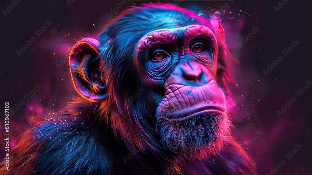   A close-up of a monkey with a neon light on its face and a space background behind it