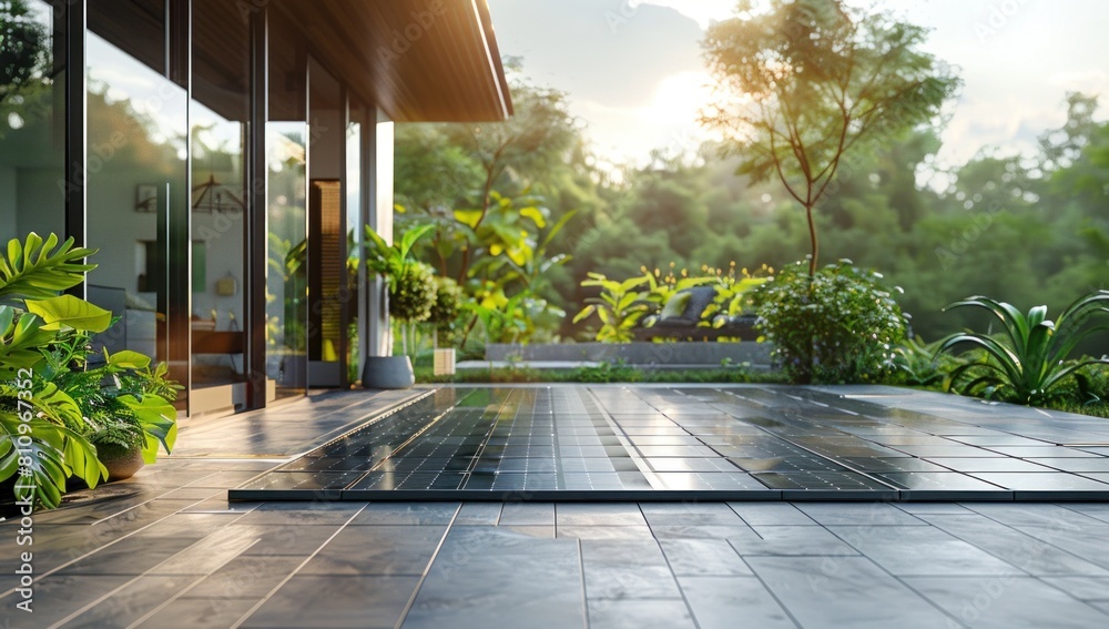 Showcase the modernity of solar tiles against a backdrop of natural beauty.
