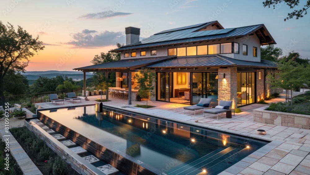 Showcase the modernity of solar tiles against a backdrop of natural beauty. Showcase the modernity of solar tiles against a backdrop of natural beauty.
