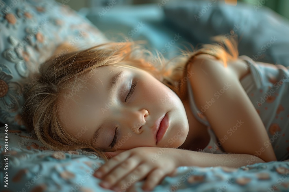 Soft morning light gently spills over a sleeping child, creating a serene and dreamlike atmosphere in the bedroom