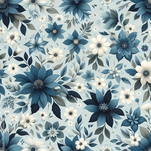 Seamless Floral Pattern with Blue Flowers and Leaves