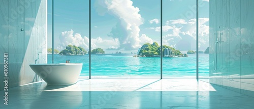 A photorealistic image of a minimalist style bathroom