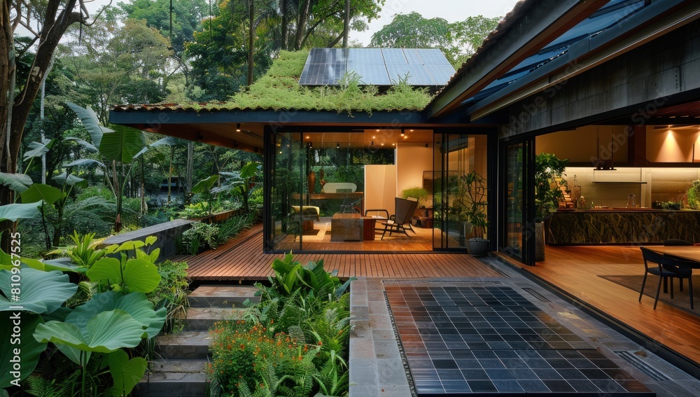 Showcase the modernity of solar tiles against a backdrop of lush greenery.