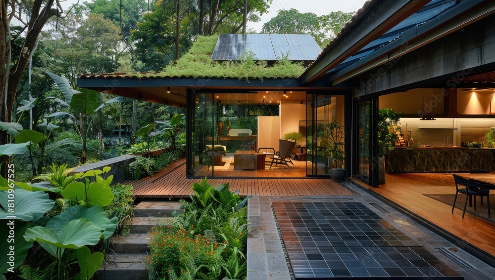 Showcase the modernity of solar tiles against a backdrop of lush greenery. Showcase the modernity of solar tiles against a backdrop of lush greenery.