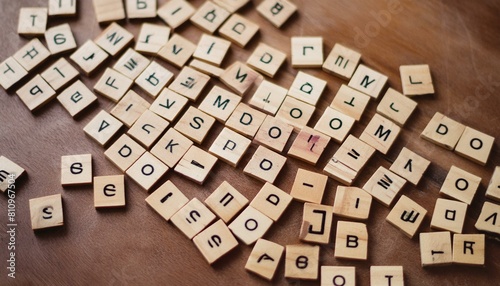 neatly arranged set of Scrabble tiles spelling out the entire English alphabet in uppercase letters, meticulously arranged on a wooden surface background