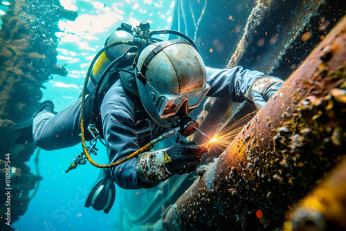 Advanced subaquatic welding techniques being applied close up on diver photo