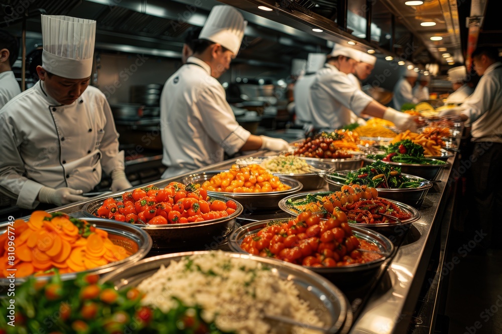 A bustling professional kitchen scene with chefs preparing a variety of fresh dishes for service A bustling professional kitchen scene with chefs preparing a variety of fresh dishes for service