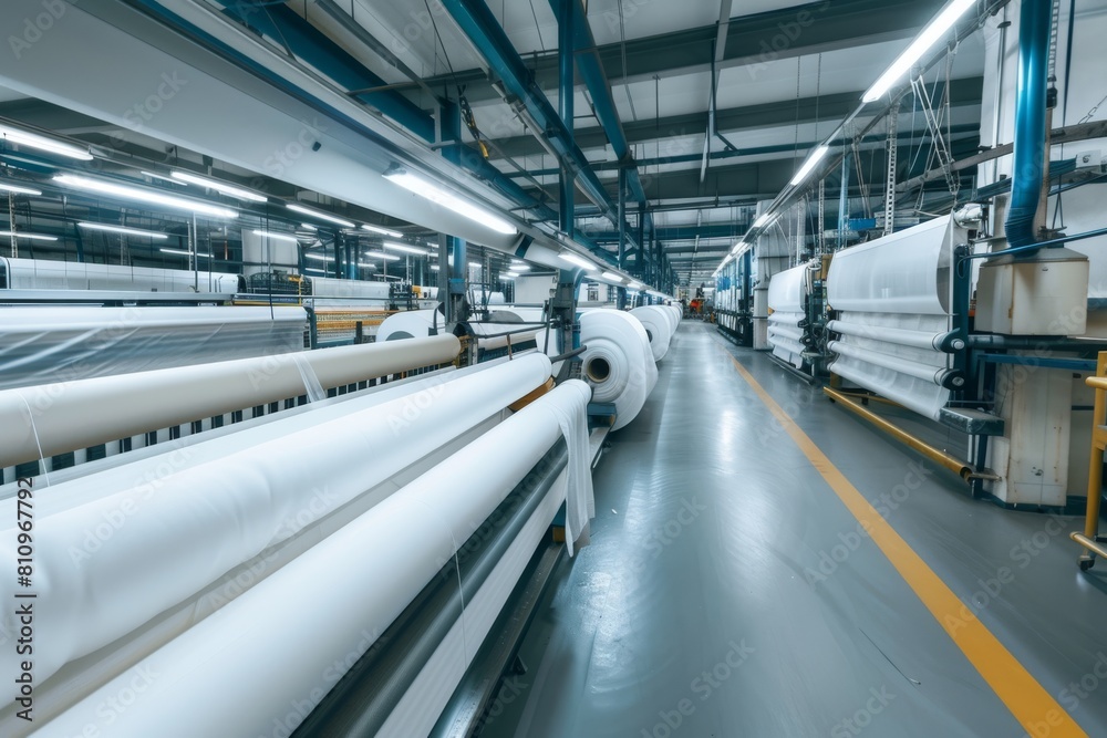 Naklejka premium Bright modern textile factory with automated looms and textile rolls