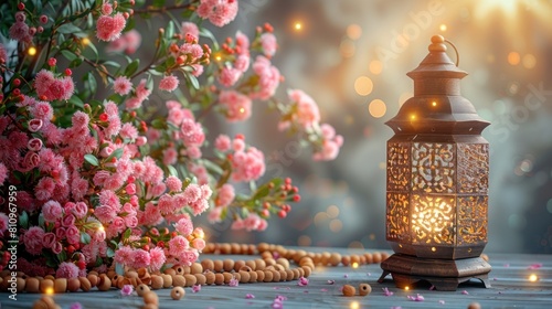 golden lantern, wooden rosary beads and small flowers on a white background for a ramadan celebration