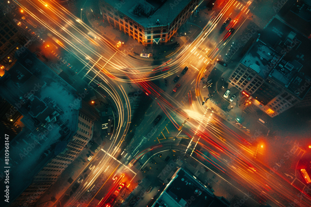Aerial long exposure of traffic lights, sci-fi setting, dawn, ethereal light patterns