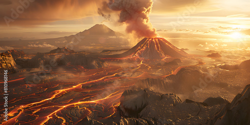 Vulcão em Erupção com Fumaça Giratória e Lava Incandescente photo