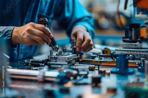 Detailed view of a mechanical assembly process on a worktable