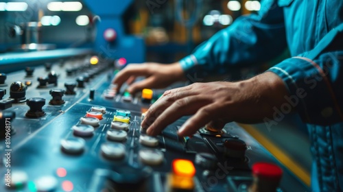 Male worker managing controls on an industrial mixing console