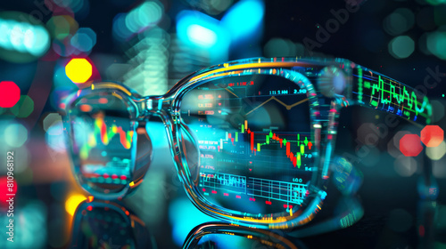 High-tech glasses with stock exchange data projection at night
