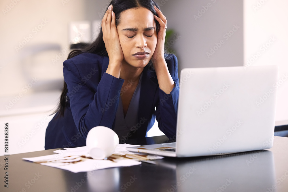 Businesswoman, upset and laptop in office with coffee or spill, hands for backup or water on technology. Female person, frustrated and computer with drink or splash for work, accountant with fail Businesswoman, upset and laptop in office with coffee or spill, hands for backup or water on technology. Female person, frustrated and computer with drink or splash for work, accountant with fail
