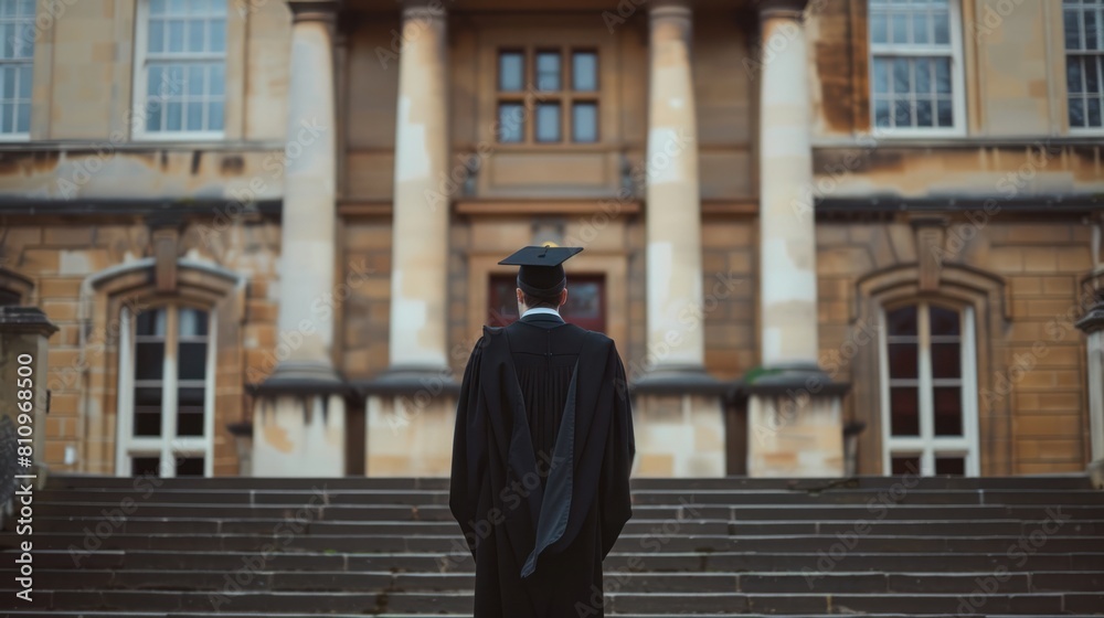 a graduate standing in front of a university building, representing their academic achievements