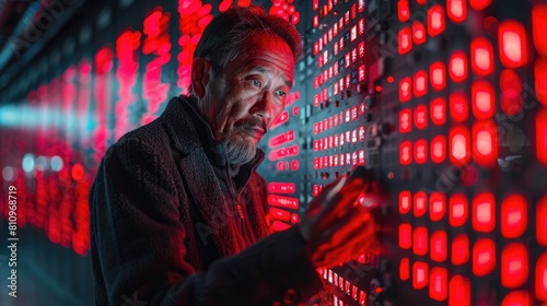 An old man with a beard is looking at a red circuit board.