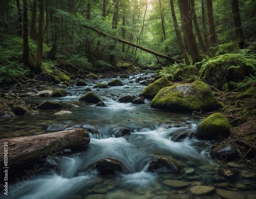 Immerse yourself in the beauty of the forest with our image of a tranquil forest stream  its crystal-clear waters winding their way through the trees