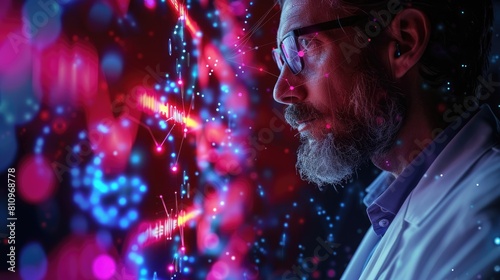 Bearded scientist wearing glasses looking at a futuristic screen with glowing red and blue lights.