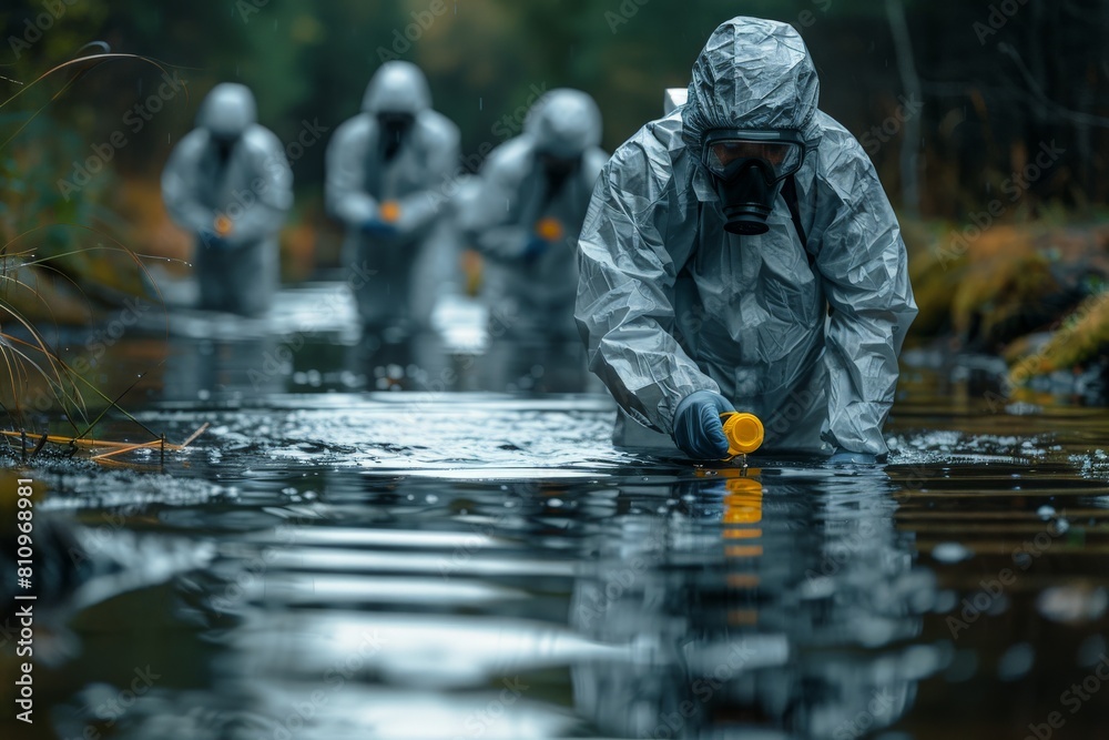 A team of hazmat suited figures traverses a shallow stream amidst a forest, reflecting a scenario of environmental hazard or scientific exploration A team of hazmat suited figures traverses a shallow stream amidst a forest, reflecting a scenario of environmental hazard or scientific exploration