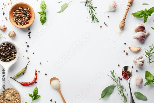 Food background with spices, herbs and utensil on white background - generative ai