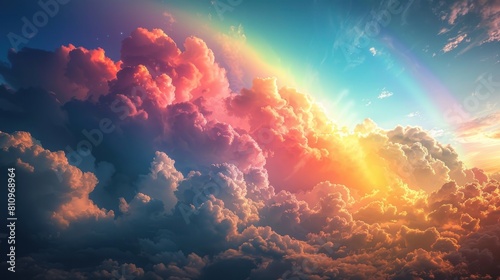illustration colorful rainbow with a blue sky and clouds in the background