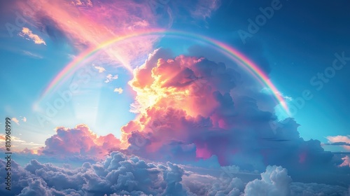 illustration colorful rainbow with a blue sky and clouds in the background