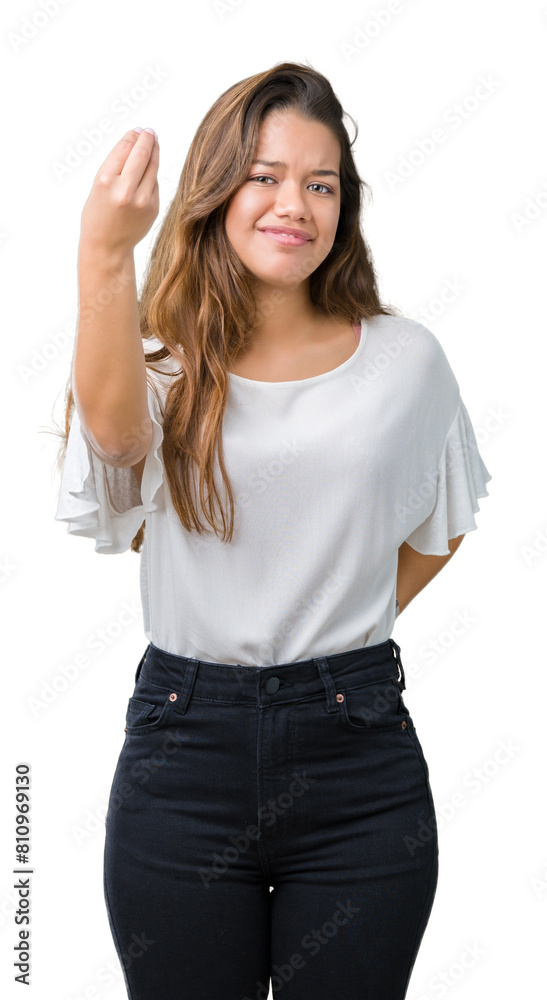Young beautiful brunette business woman over isolated background Doing Italian gesture with hand and fingers confident expression Young beautiful brunette business woman over isolated background Doing Italian gesture with hand and fingers confident expression