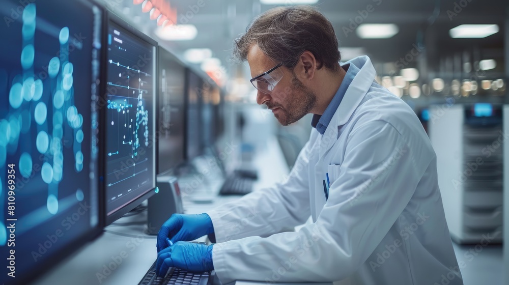 Scientist wearing a lab coat and safety glasses works in a modern laboratory. Scientist wearing a lab coat and safety glasses works in a modern laboratory.