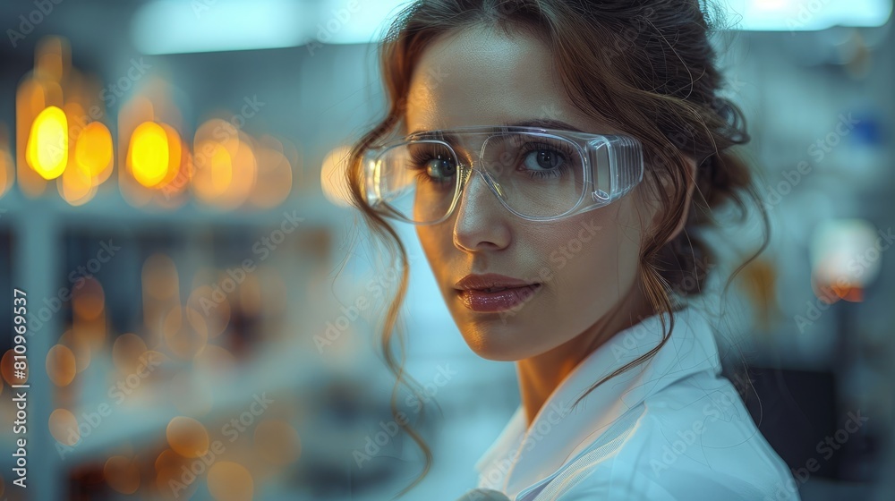 A beautiful young woman in a lab coat and safety glasses looks thoughtfully at the camera. A beautiful young woman in a lab coat and safety glasses looks thoughtfully at the camera.