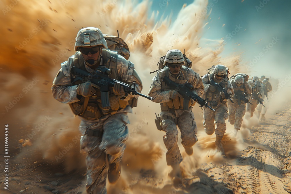 An intense and action-packed scene of armed soldiers advancing through an explosive moment on the battlefield An intense and action-packed scene of armed soldiers advancing through an explosive moment on the battlefield