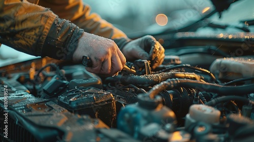 Professional photo captures a man meticulously working under the hood, illuminated by the car's internal light, emphasizing his focus and expertise in nighttime auto repair. photo