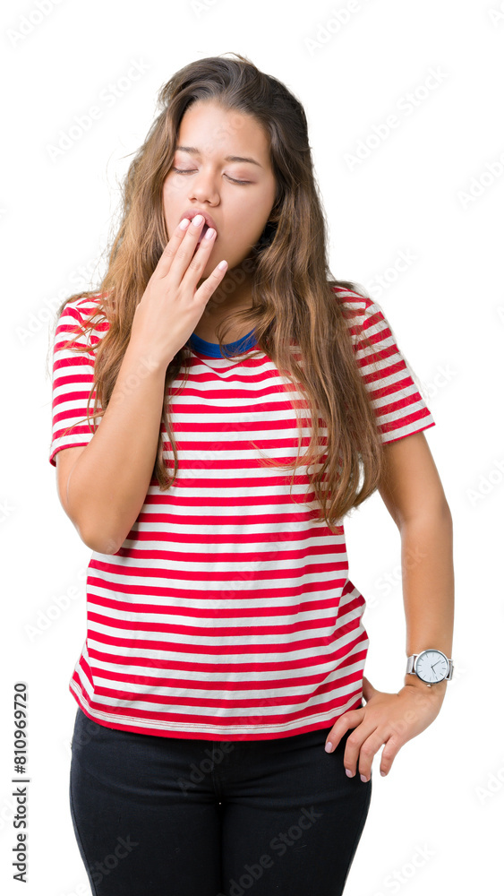 Young beautiful brunette woman wearing stripes t-shirt over isolated background bored yawning tired covering mouth with hand. Restless and sleepiness. Young beautiful brunette woman wearing stripes t-shirt over isolated background bored yawning tired covering mouth with hand. Restless and sleepiness.