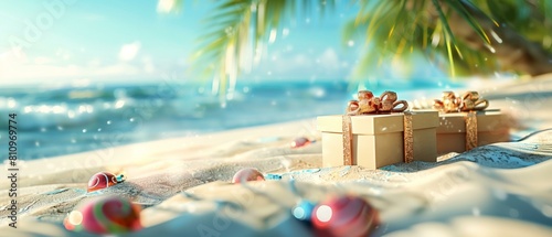 Gift boxes christmas ornaments sandy beach palm trees ocean background holiday