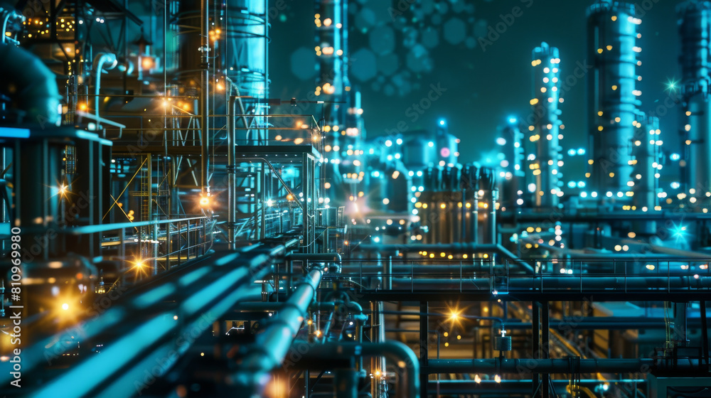 Illuminated industrial pipes and structures at night Illuminated industrial pipes and structures at night