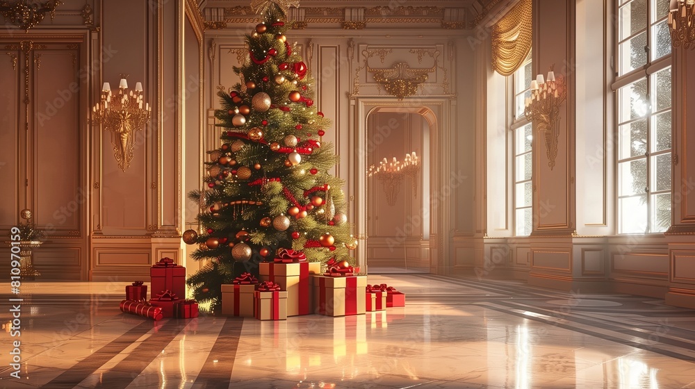 Opulent interior with a towering tree and festive gifts for the New Year.