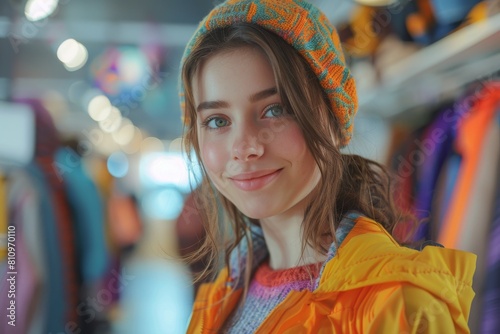 An attractive young girl in winter apparel gives a pleasant smile in a vibrant retail setting