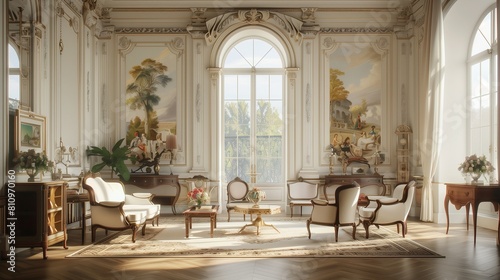 A palatial living room with heirloom-quality furniture and frescoed walls, illuminated by a large window in a radiant white environment.