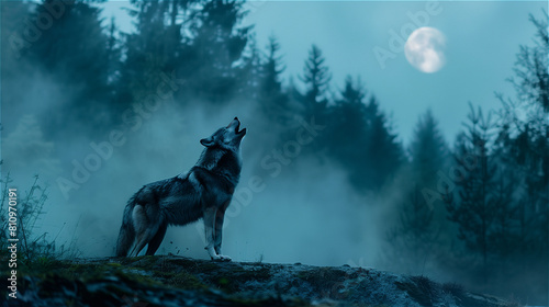 Wolf howling in a forest background on a foggy night under a full moon