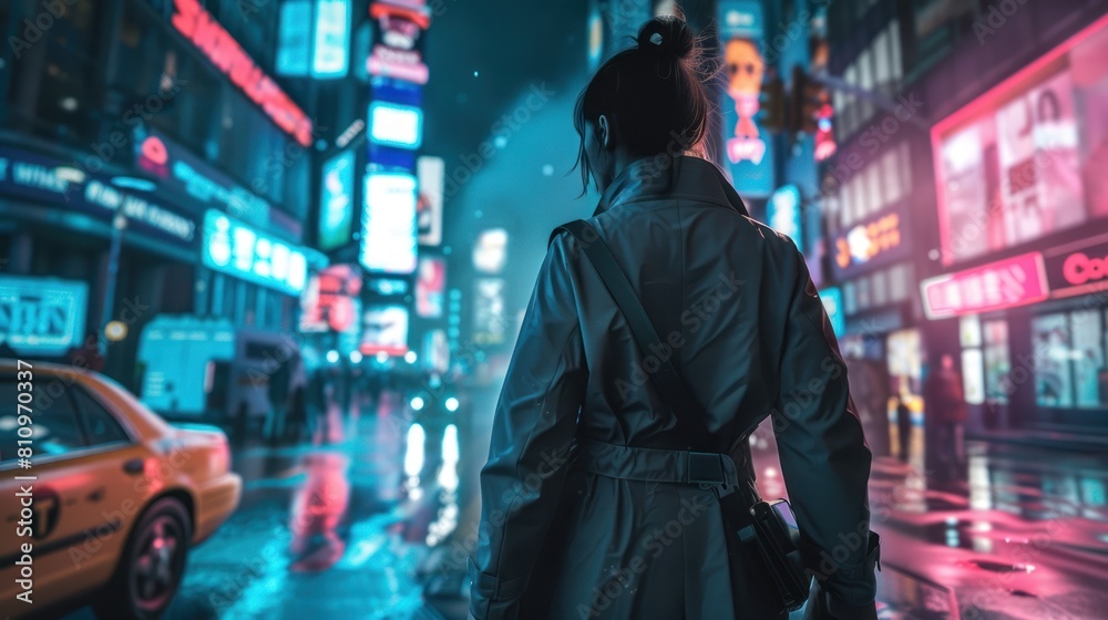 Futuristic cyberpunk woman detective is walking on the street of a modern neon cyber city wallpaper AI generated image Futuristic cyberpunk woman detective is walking on the street of a modern neon cyber city wallpaper AI generated image