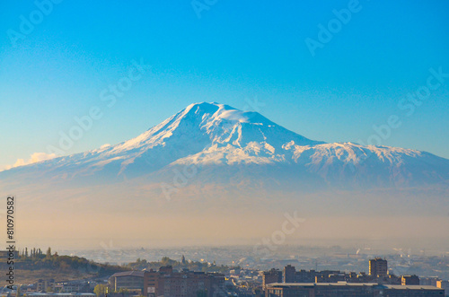 snow covered Greater Ararat peak scenic view from Sebastia-Malatia district in Yerevan, Armenia photo