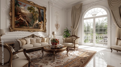 An elegant living room interior with classic furniture and intricate wall art  illuminated by a large window in a white setting.