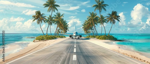 An airplane landing on a paradise island photo