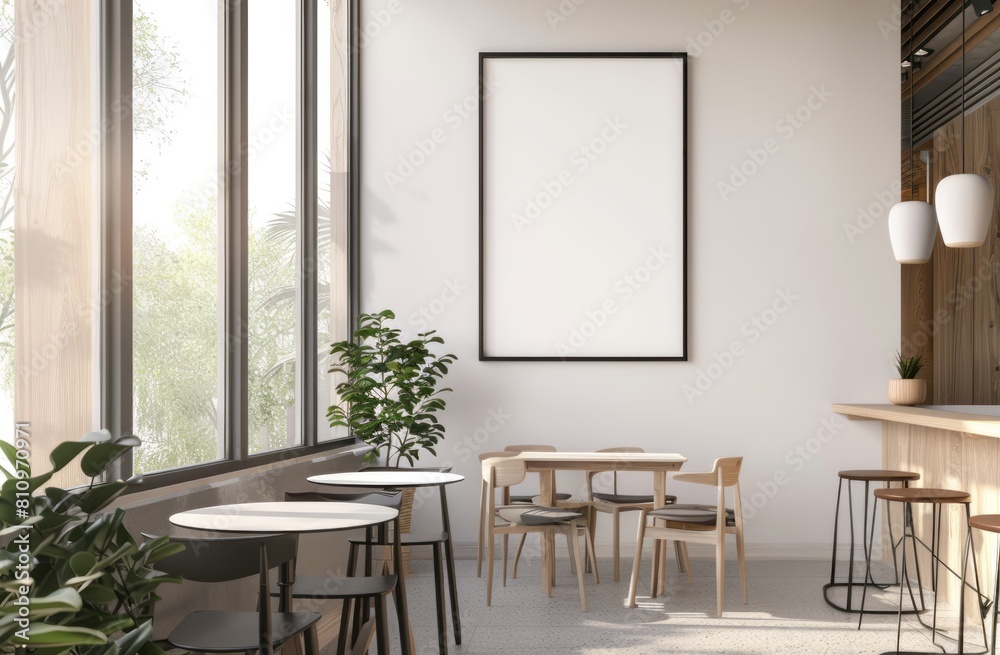 A white wall with an empty poster frame, minimalist coffee shop interior design, light wood and black accents A white wall with an empty poster frame, minimalist coffee shop interior design, light wood and black accents