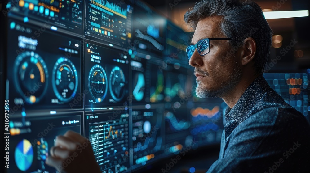 A man in glasses is looking at a futuristic computer interface with graphs and data.