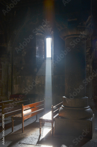 ray of light in the dark vestry of Katoghike church (Geghard Monastery complex, Armenia)  photo