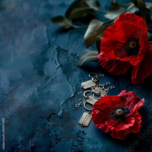 Memorial Day symbolism on a dark blue vintage table with a red poppy and dog tags. photo