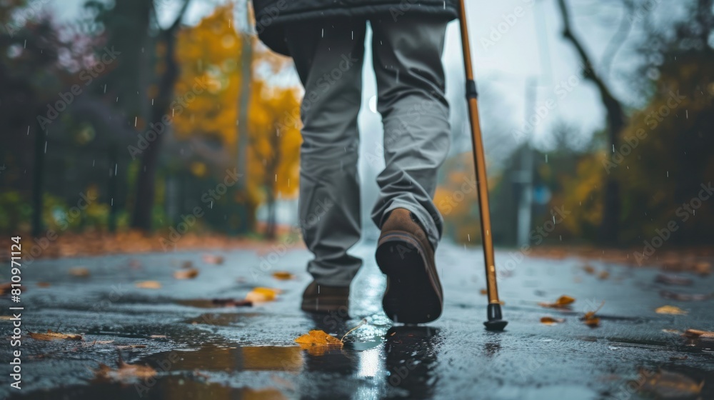Photo of a person using a cane to walk because of back pain Photo of a person using a cane to walk because of back pain
